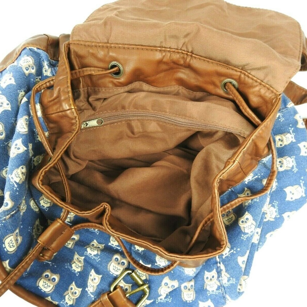 OWL Print Canvas Backpack Faux Leather Trim - Picture 5 of 8